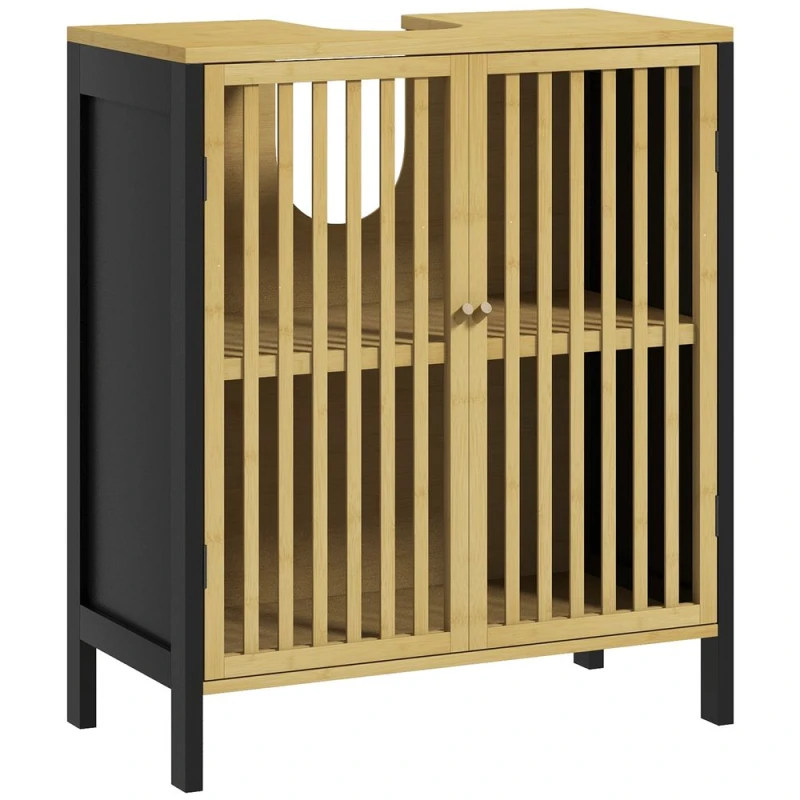 Image of HOMCOM Under Sink Cabinet with Slat Doors Adjustable Shelf Natural Yellow