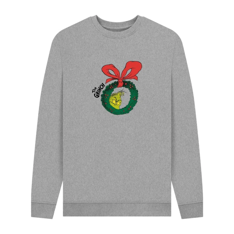 Image of The Grinch Mens Wreath Sweatshirt in Light Grey Size: Small Light Grey Male S