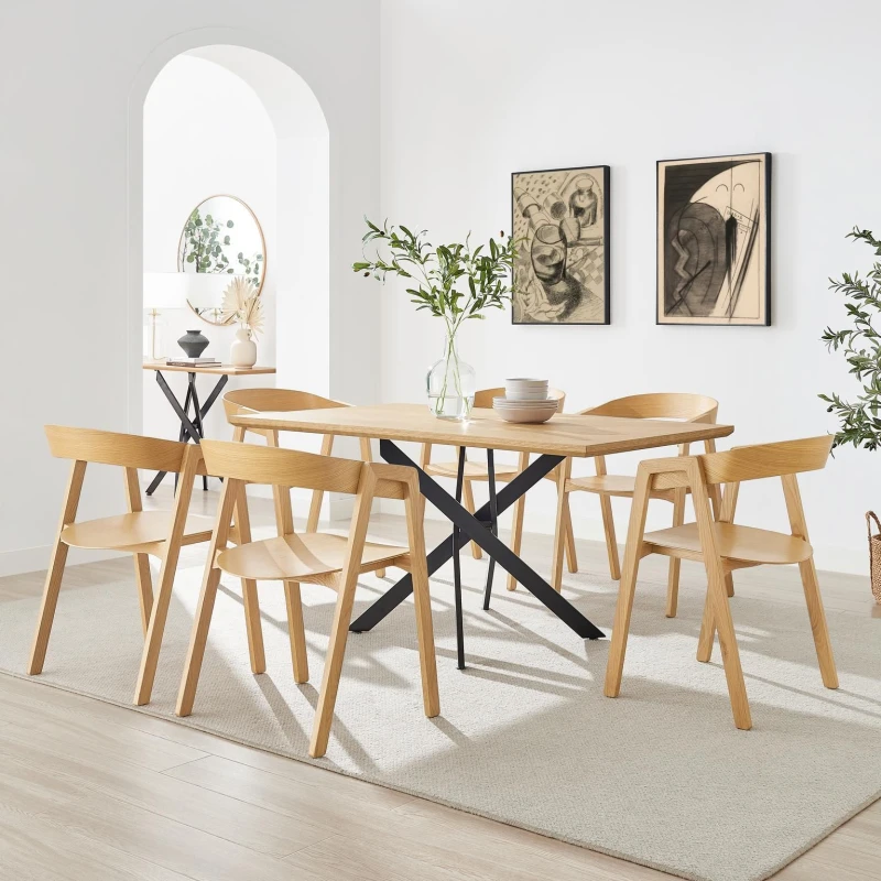 Image of FurnitureboxUK FurnitureboxUK Leonardo Oak Veneer Dining Table & 6 Oak Masa Chairs in Brown Brown One Size Unisex 5056784315439