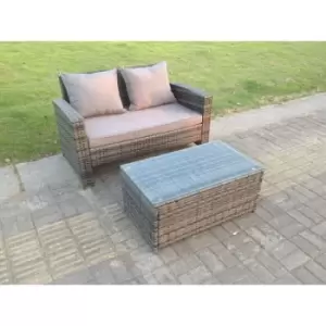 image of Fimous 2 Seater Outdoor Dark Grey Rattan Lounge Complete Sofa Set