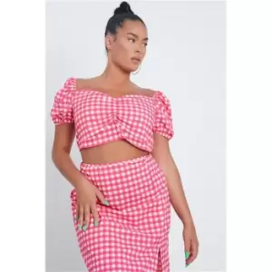 Image of I Saw It First Pink Plus Size Gingham Milk Maid Puff Sleeve Top Co-Ord - Pink
