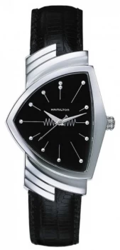 Image of Hamilton Mens Ventura Quartz Black Leather Strap Black Dial Watch