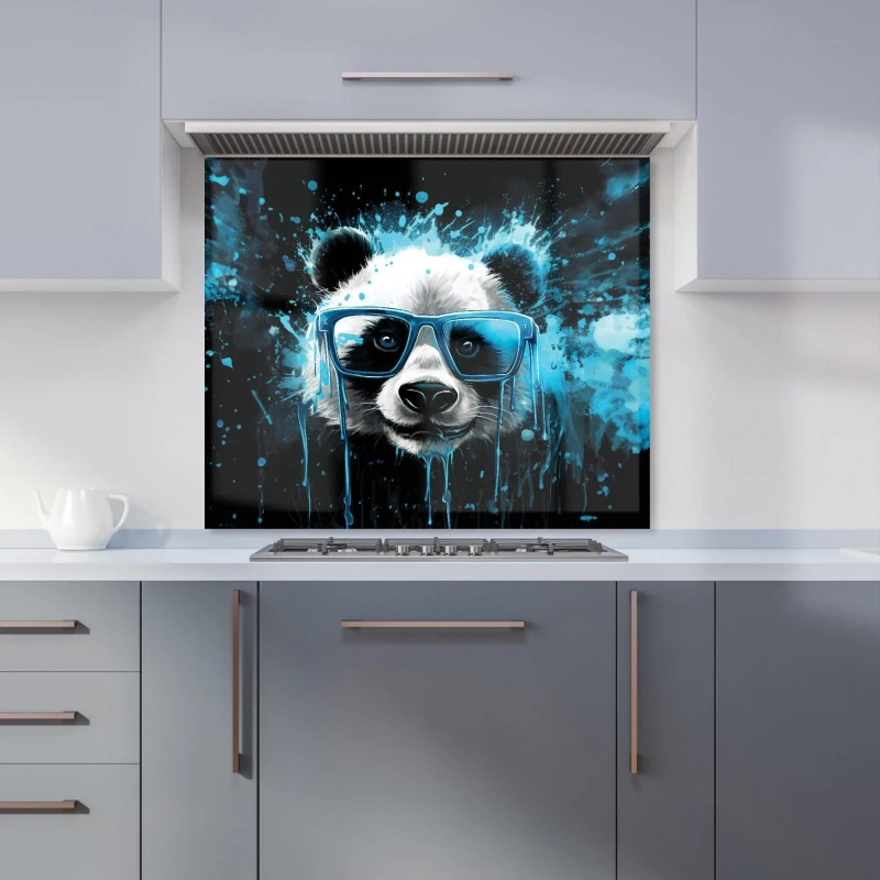 Image of Warren Reed - Designer Blue Splashart Panda Face Kitchen Splashback Size: 700mm x 650mm Blue Unisex 700mm x 650mm