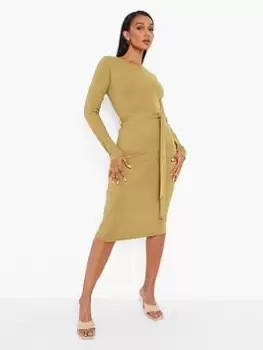 Image of Boohoo Belted Midi Dress - Khaki, Green, Size 8, Women