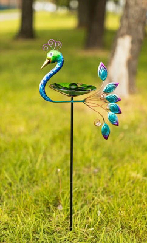 Image of Marco Paul Garden Peacock Glass Bird Bath Feeder Stake