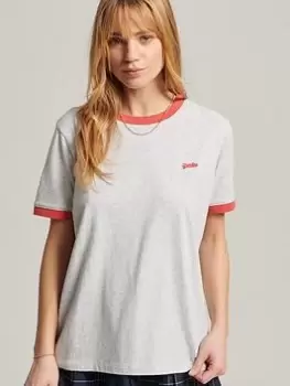 Image of Superdry Vintage Logo Emb Ringer Tee - Grey, Size 10, Women