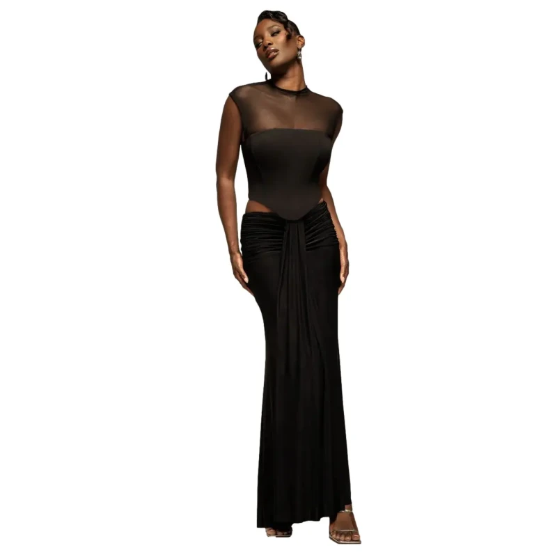 Image of Goddiva Womens Gathered Front Dipped Waist Maxi Skirt in Black Size: Small Black Female S