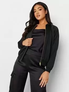 image of PixieGirl Petite Satin Bomber Jacket, Black, Size 8, Women