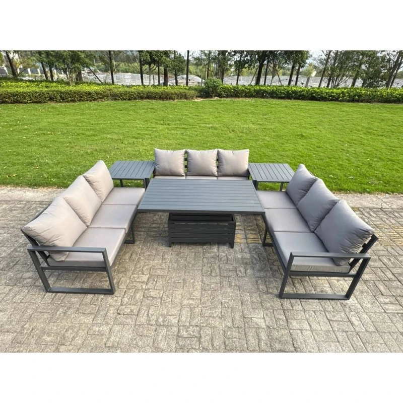 Image of Fimous U-Shaped Garden Furniture Set 9-Seater Aluminium With Adjustable Rising Lifting Dining Table 2 Side Tables Dark Grey