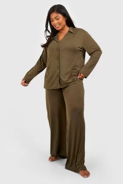 Image of boohoo Plus Peached Jersey Wide Leg Pj Trouser Khaki