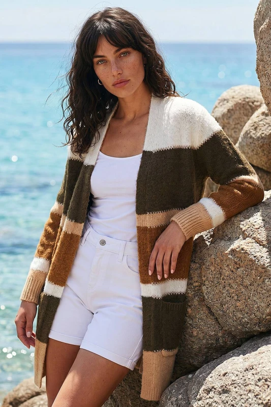 Image of Roman Womens Colour Block Longline Knit Cardigan in Khaki Size: 10 Khaki Female 10
