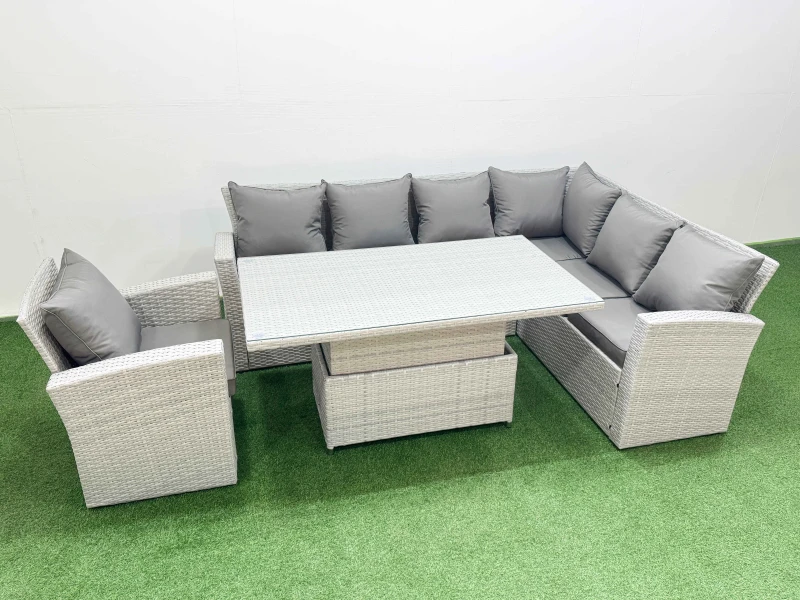 Image of Fimous 7 Seat Rattan Garden Furniture Corner Sofa Set with Armchair in Light Grey Light Grey Unisex