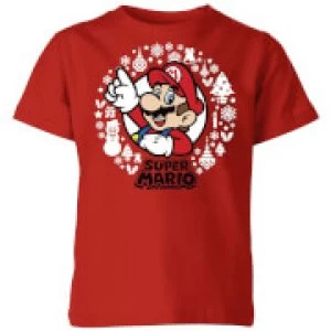 image of Nintendo Super Mario White Wreath Kid's Christmas T-Shirt - Red - 11-12 Years