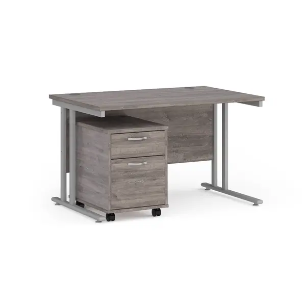 image of Maestro 25 Straight Desk with Silver Cantilever Frame and 2 Drawer Pedestal - Grey Oak - 1200mm x 800mm