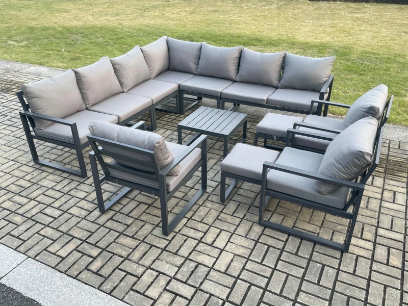 Image of Fimous Aluminium Outdoor Garden Furniture Set Lounge Corner Sofa 3 Pcs Chair Square Coffee Table Sets with 2 Small Footstools Dark Grey Dark Grey Unis