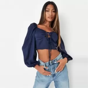 image of Missguided Satin Halterneck Balloon Sleeve Top - Blue