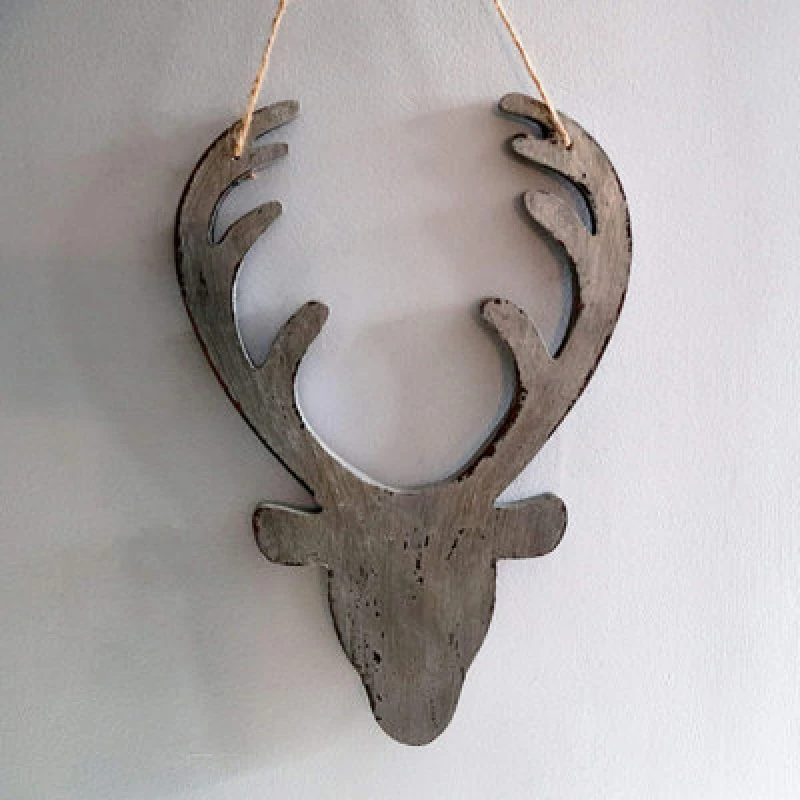 Image of Shatchi 26cm Silver Christmas Wooden Hanging Deer Head Wall Decoration Xmas Home Office Holiday Decorative Centrepiece Silver