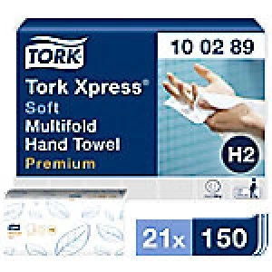 image of Tork Folded Hand Towels H2 Xpress Premium 2 Ply M-fold White 21 Pieces of 150 Sheets