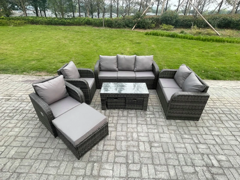 Image of Fimous Outdoor Rattan Garden Furniture Set Rattan Lounge Sofa Set with Rectangular Coffee Table 3 Footstools Dark Grey Mixed Dark Grey