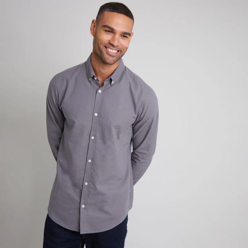 Image of Threadbare Oxford Cotton 'Beacon' Long Sleeve Shirt Mid Grey