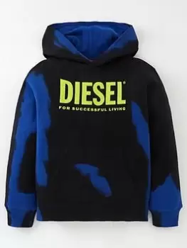 Image of Diesel Boys Logo Tie Dye Hoodie - Black/Blue, Size 12 Years