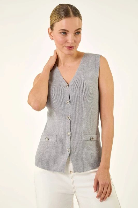 Image of Dusk Womens Buttoned Knit Waistcoat in Grey Size: 14 Grey Female 14