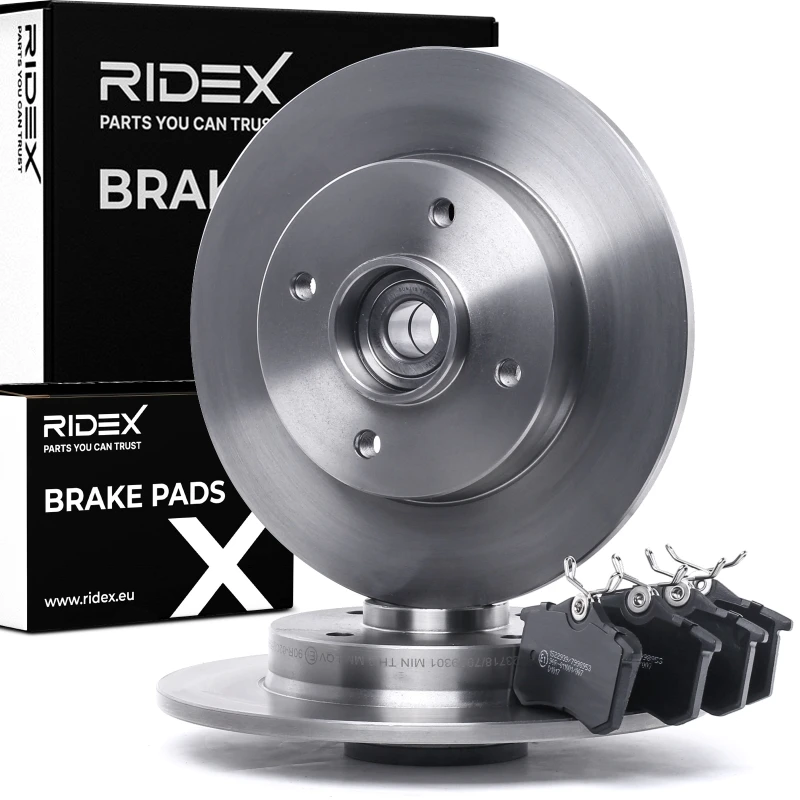 Image of RIDEX 3405B0958 Brake disc and pads set Rear Axle, Brake Disc Type: Solid, not prepared for wear warning indicator, with wheel bearing Brake Set,disc