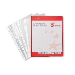 image of 5 Star Office A4 Punched Pocket Polypropylene Top Opening 40 Micron Embossed Pack of 100