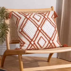 Image of Aquene Tufted Tasselled Cushion Natural/Brick, Natural/Brick / 50 x 50cm / Polyester Filled