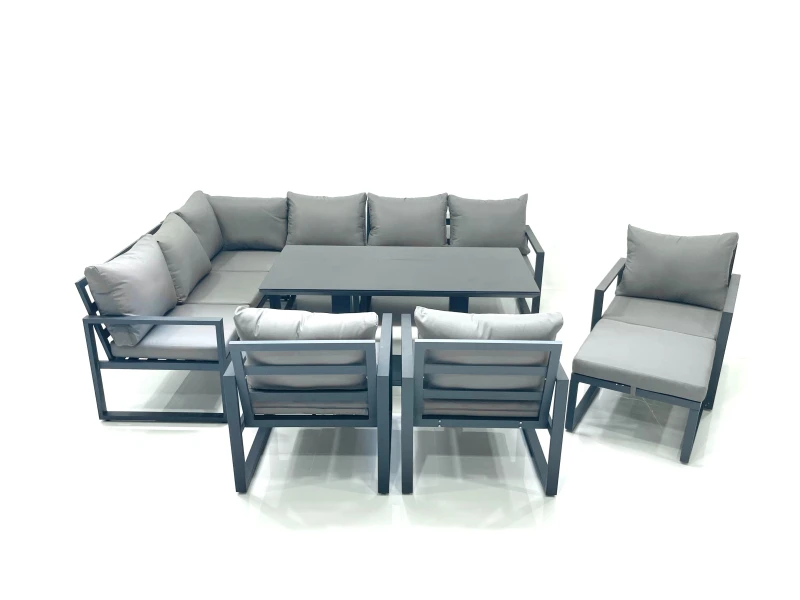 Image of Fimous Aluminum Outdoor Garden Furniture Set Corner Sofa Big Footstool 3 Chairs Adjustable Rising Lifting Dining Table Sets Dark Grey Dark Grey Unisex