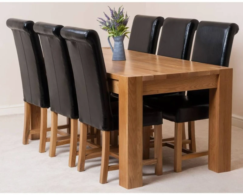 Image of Thats Furniture Kuba 125x80cm Chunky Oak Small Dining Table & 6 Washington Leather Chairs in Black Size: 125x80cm Black Unisex 125x80 cm