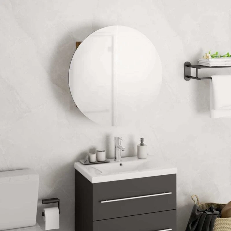 Image of vidaXL Bathroom Cabinet with Round Mirror&LED Oak 40x40x17.5 cm, Brown 345582