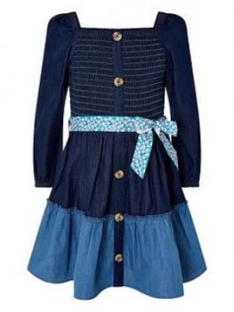 Image of Monsoon Girls Denim Shirred Puff Sleeve Dress - Blue
