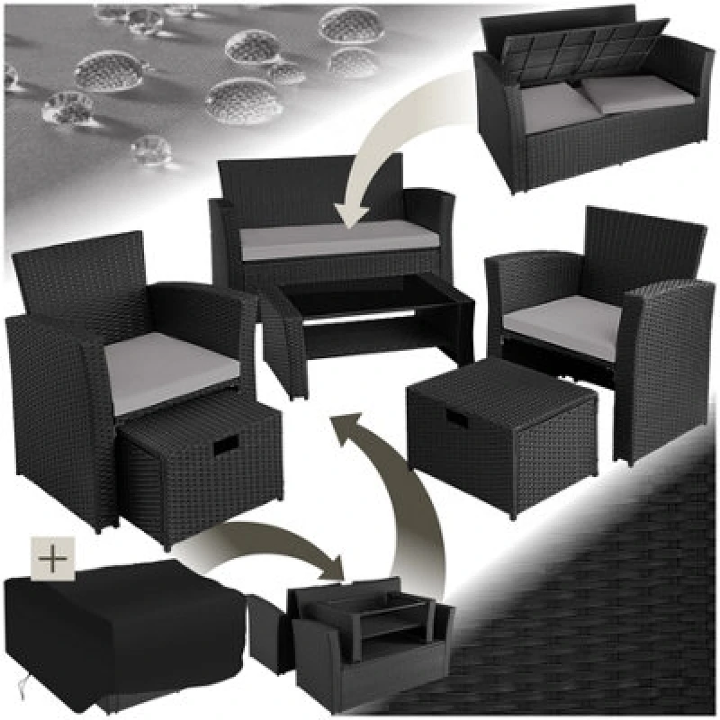 Image of Tectake Garden Furniture Set Modena- Sofa With Storage, Armchairs, Stools, Coffee Table - Black/grey