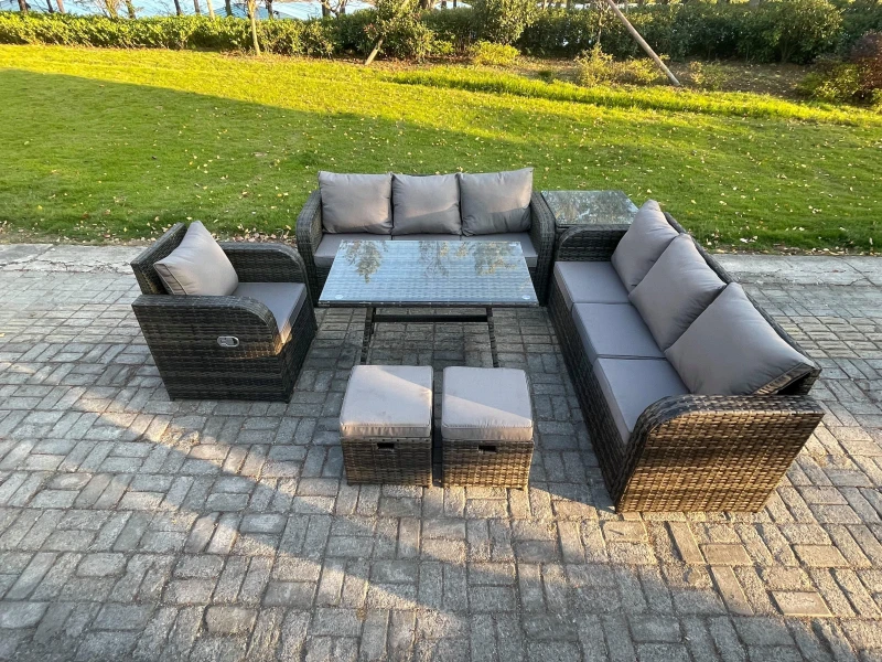 Image of Fimous Outdoor Lounge Sofa Set Wicker PE Rattan Garden Furniture Set with Rectangular Dining Table Reclining Chair Side Table 2 Small Footstools Dark