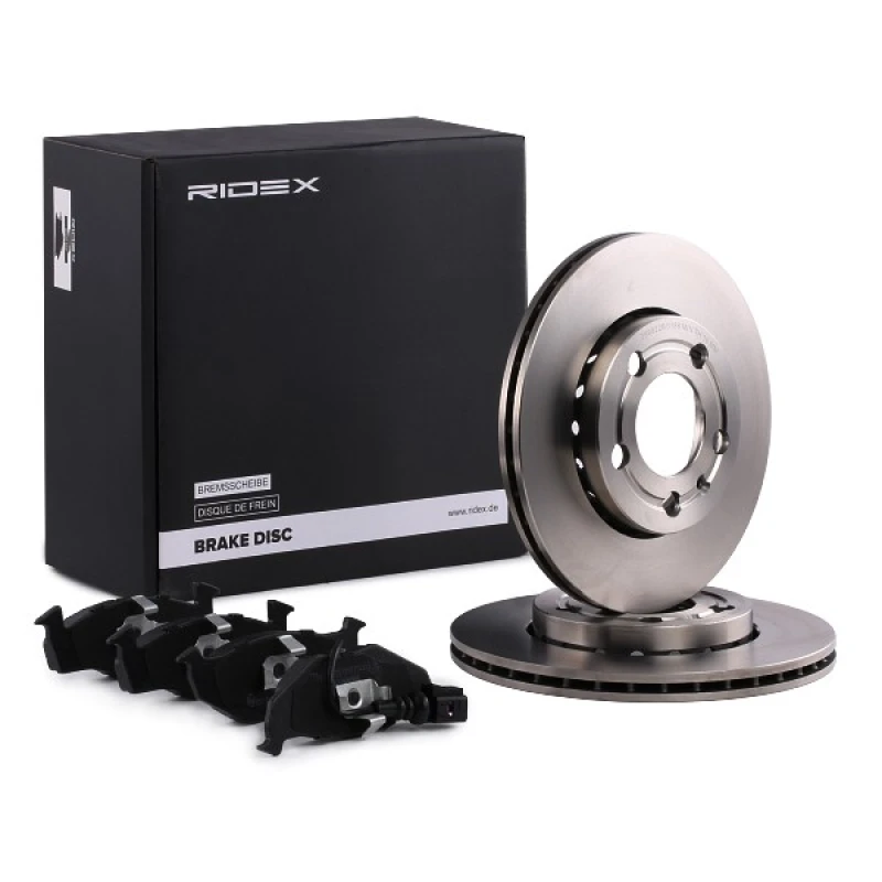 Image of RIDEX 3405B0076 Brake disc and pads set Front Axle, Brake Disc Type: Vented, incl. wear warning contact Brake Set,disc brakes (3405)