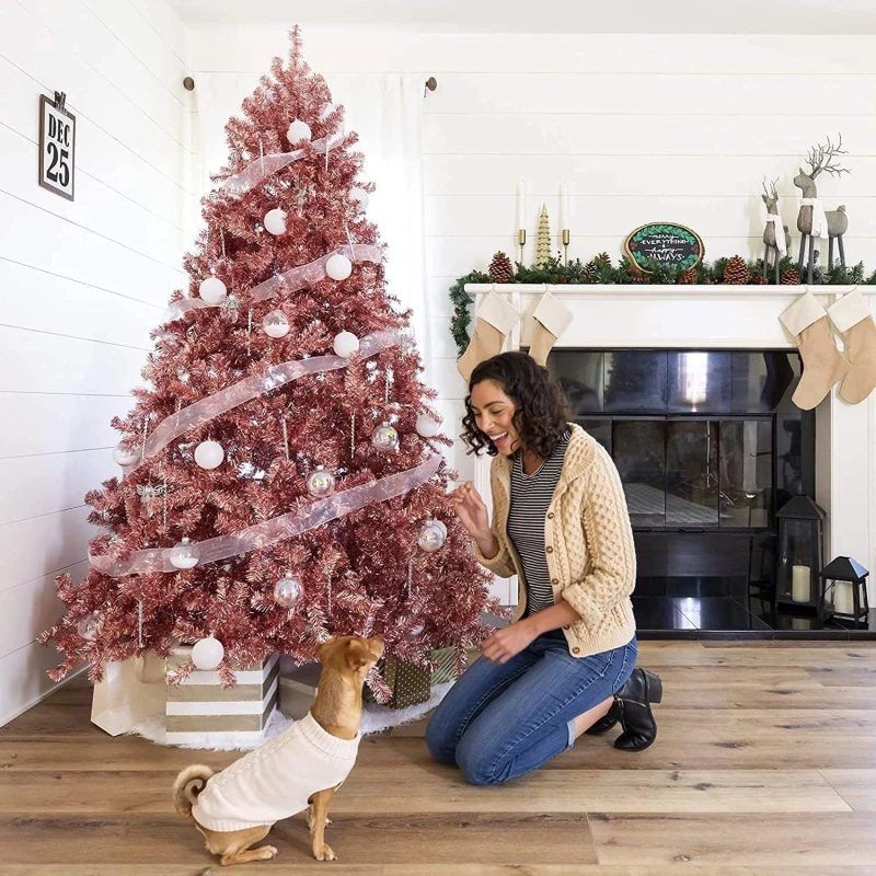 Image of Shatchi 6FT Artificial Christmas Tree Rose Shiny Tinsel Tips Rose Gold