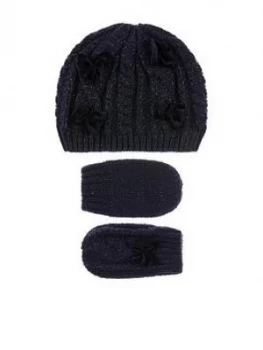 Image of Monsoon Baby Girls Recycled Beanie & Mitten Set - Navy, Size 0-12 Months