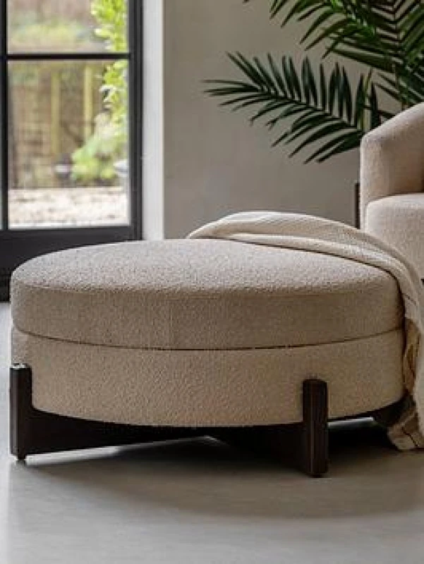Image of SO'HOME Cerron Round Boucle Storage Footstool with Dark Wood Legs light taupe ONE SIZE
