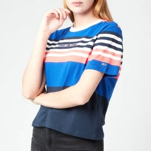 Image of Tommy Jeans Womens TJW Bxy Crop Linear Logo Stripe T-Shirt - Gulf Coast Blue Stripe - M