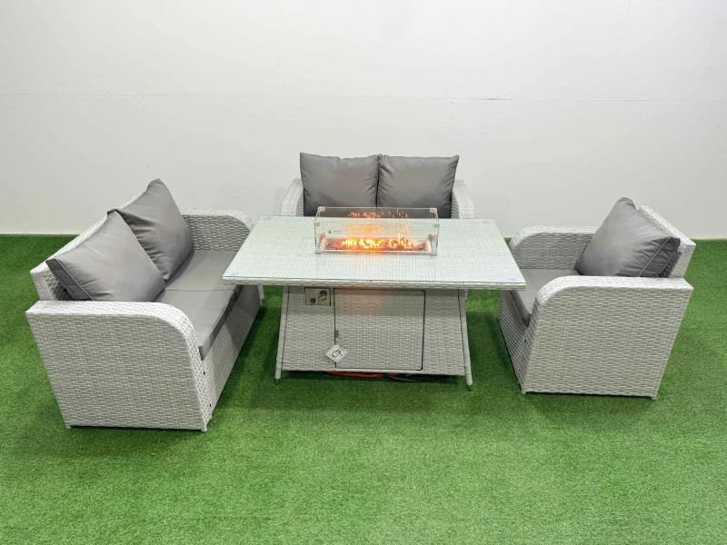 Image of Fimous High Back Poly Rattan Garden Furniture Set with Reclining Chair Loveseat Sofa Firepit Dining Table Indoor Outdoor Patio Set Light Grey Light G