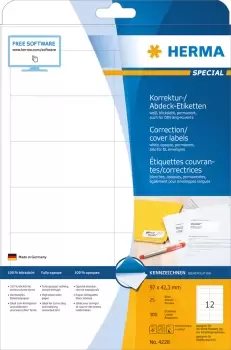 Image of HERMA Correction/covering labels A4 97x42.3mm white paper matt...