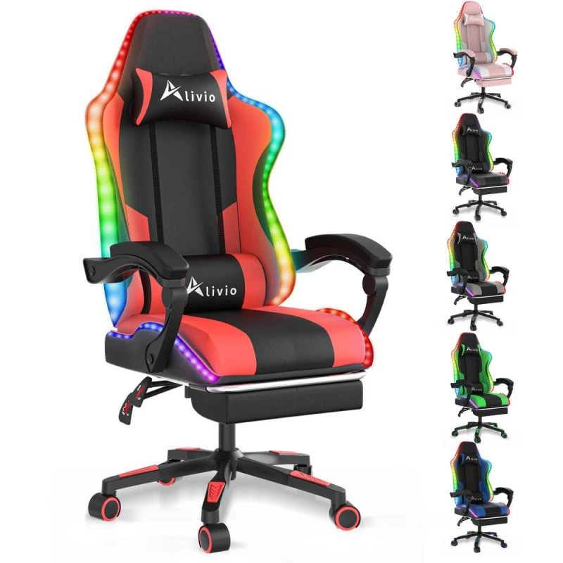 Image of Alivio Wireless App Control LED Gaming Chair with Massage Lumbar Cushion in Red Red Unisex