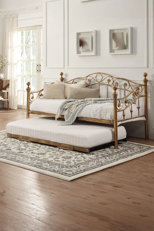 Image of SlumberWorx Essendon Vintage Living Room Bedroom Metal Day Bed w Trundle Bronze