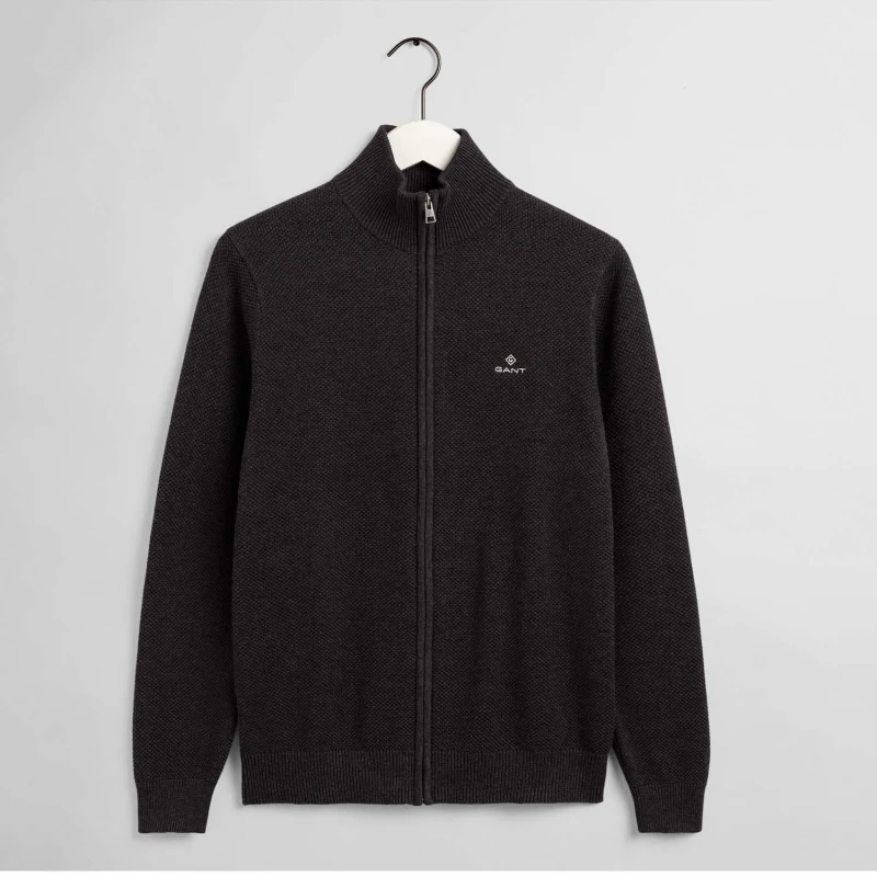 Image of Gant Cotton Pique Zip Cardigan - Grey Grey S
