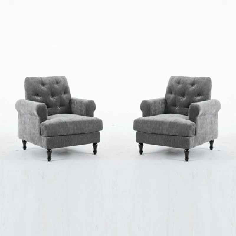 Image of Velvet Tufted Sofa Set, Gray Velvet Sectional Couch Suite-1+1 Set