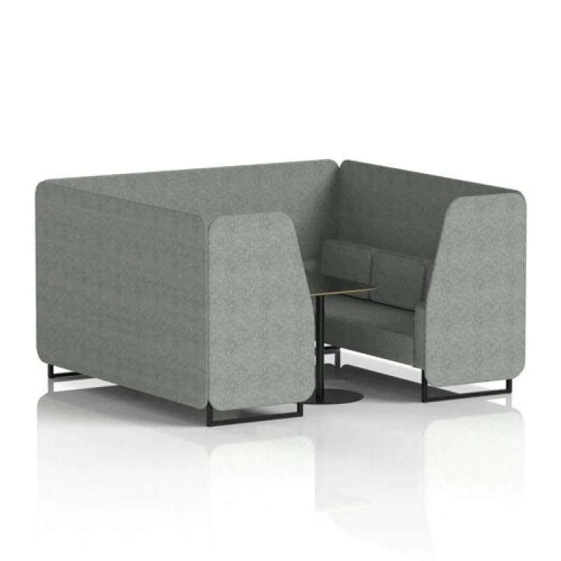 Image of Brixworth 6 Seater Office Booth with Front Panel - Black Legs and Black Table with Black Leg in Rivet Fabric - Prime Panels and Sofa