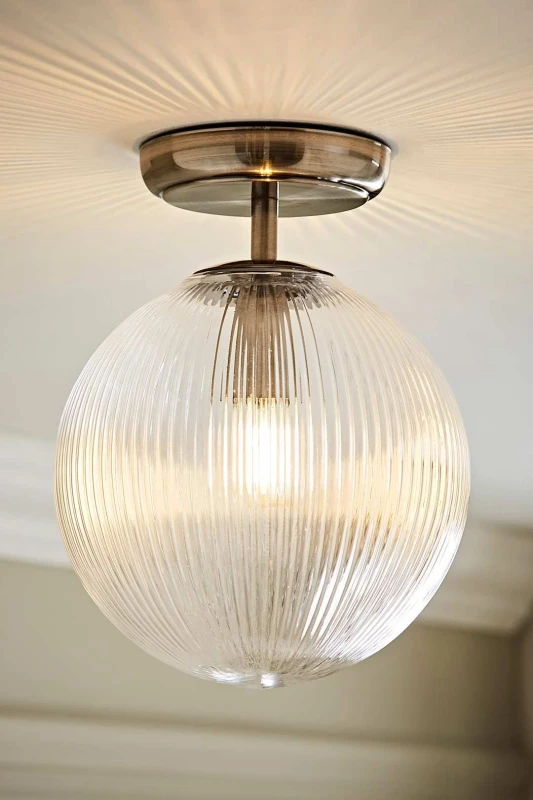 Image of ValueLights Kempton Ribbed Glass Globe Shade Flush Ceiling Light with Bulb in Silver Silver Unisex