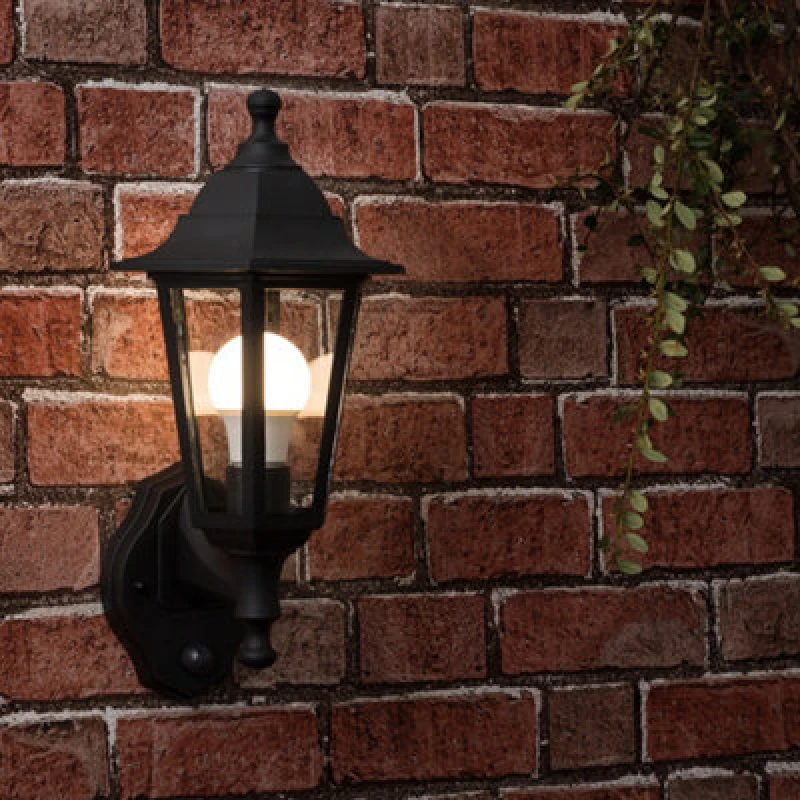 Image of Valuelights Mayfair Black Outdoor Security Pir Motion Sensor Ip44 Rated Wall Light Lantern - With LED Gls Bulb In Warm White