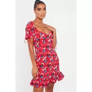 Image of I Saw It First Red Woven Floral Print Puff Sleeve Frill Hem Skater Dress - Red